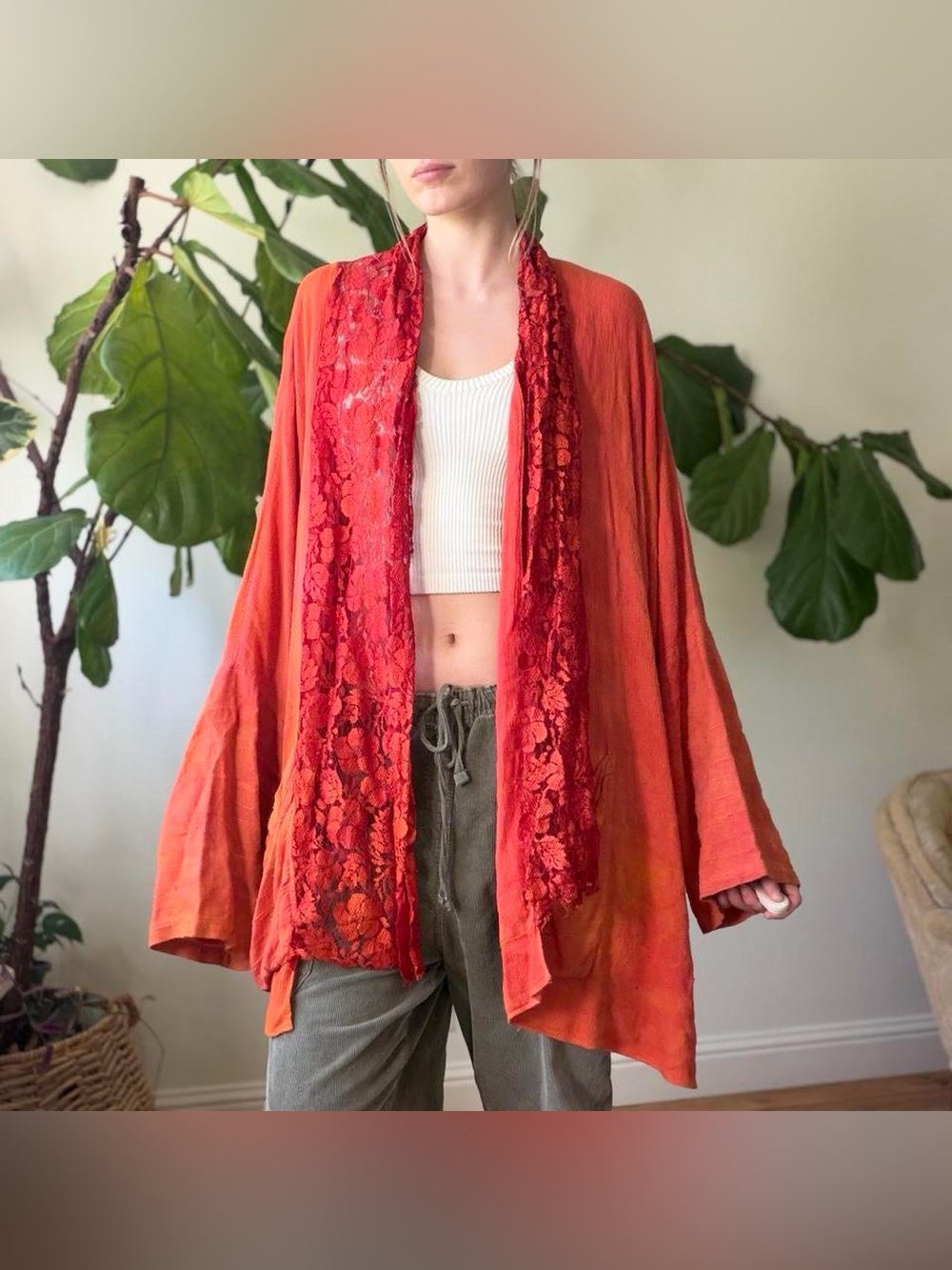 U.R.U Vintage Orange rayon lace dyed oversized kimono duster cardigan